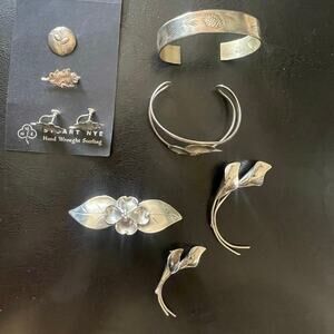 Stuart Nye Sterling Jewelry Lot 2 Cuff Bracelets Dogwood Brooch Pins VTG
